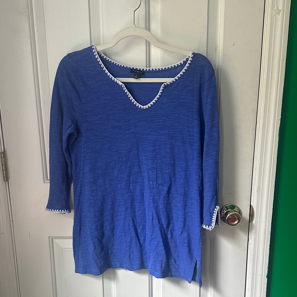 Talbots Blue Top with White Stitching